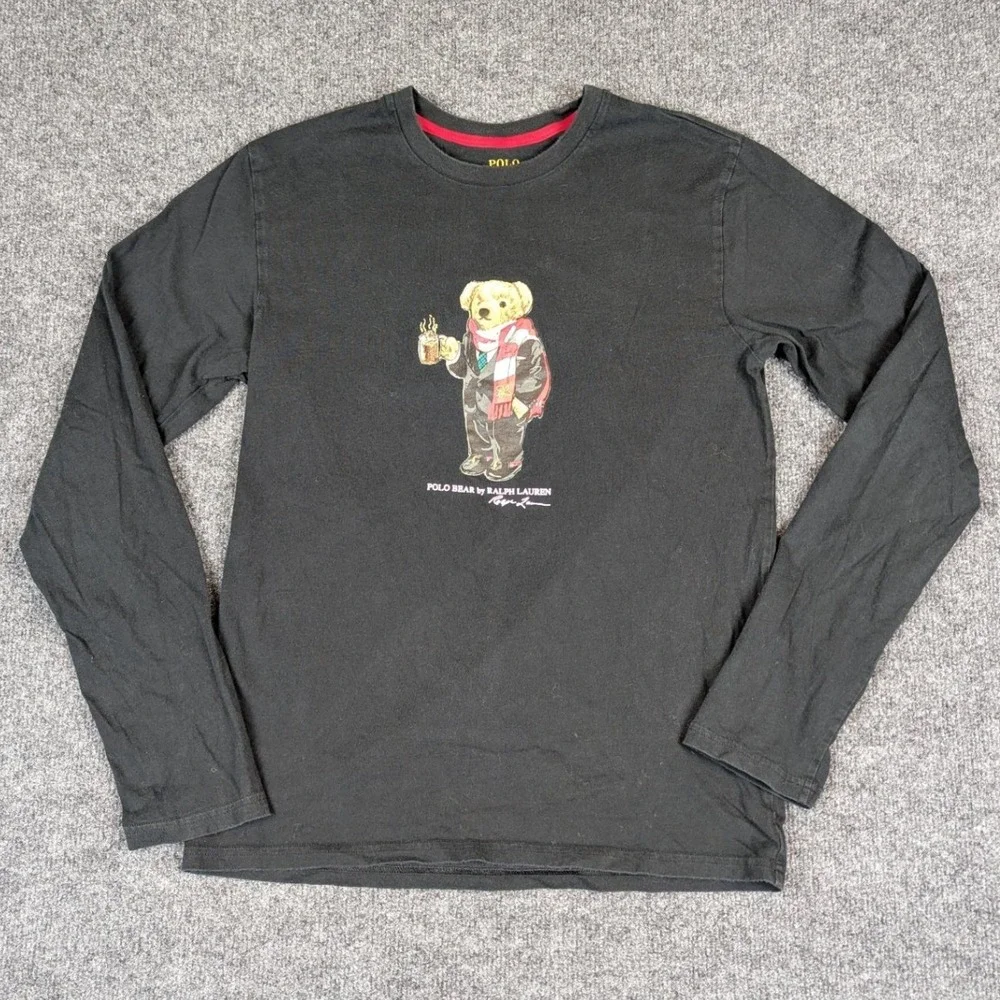 Polo Ralph Lauren Polo Bear Black Long Sleeve T-Shirt Mens Small Cotton Graphic